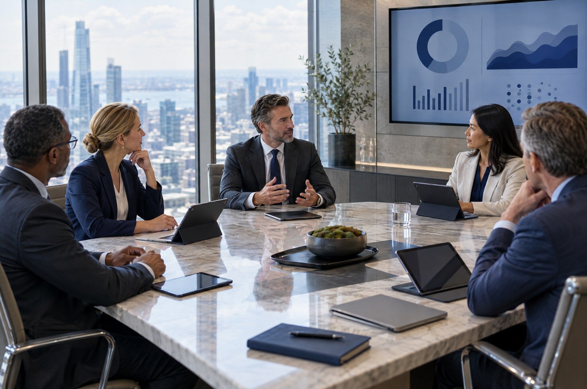 A leadership team meeting in a glass boardroom above a city