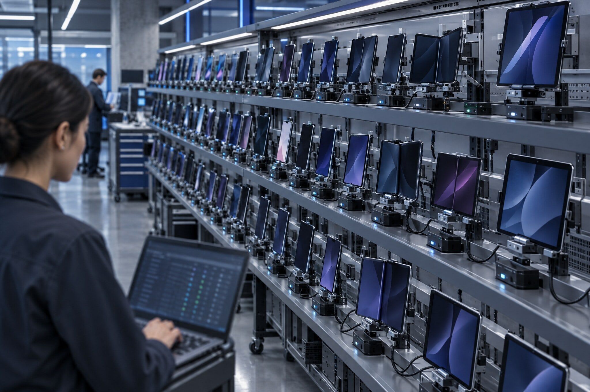 A device lab rack of phones, tablets and foldables on test stands with a QA engineer