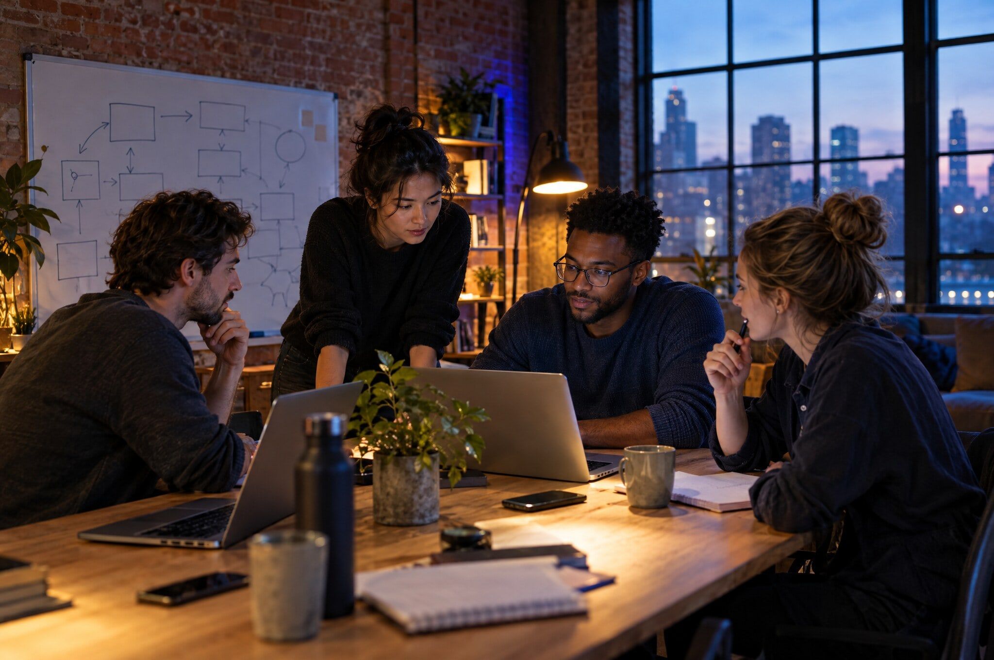 A small founding team working late in a loft studio