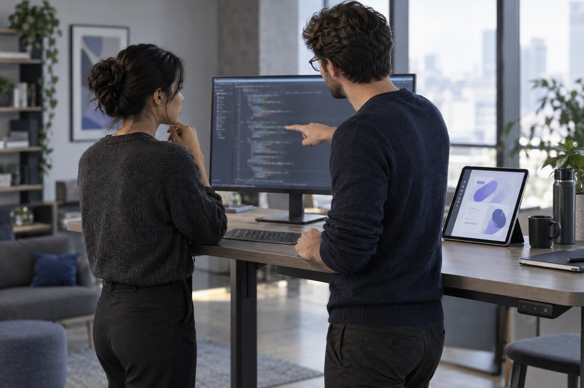 Two engineers pair-programming at a standing desk beside a tablet prototype