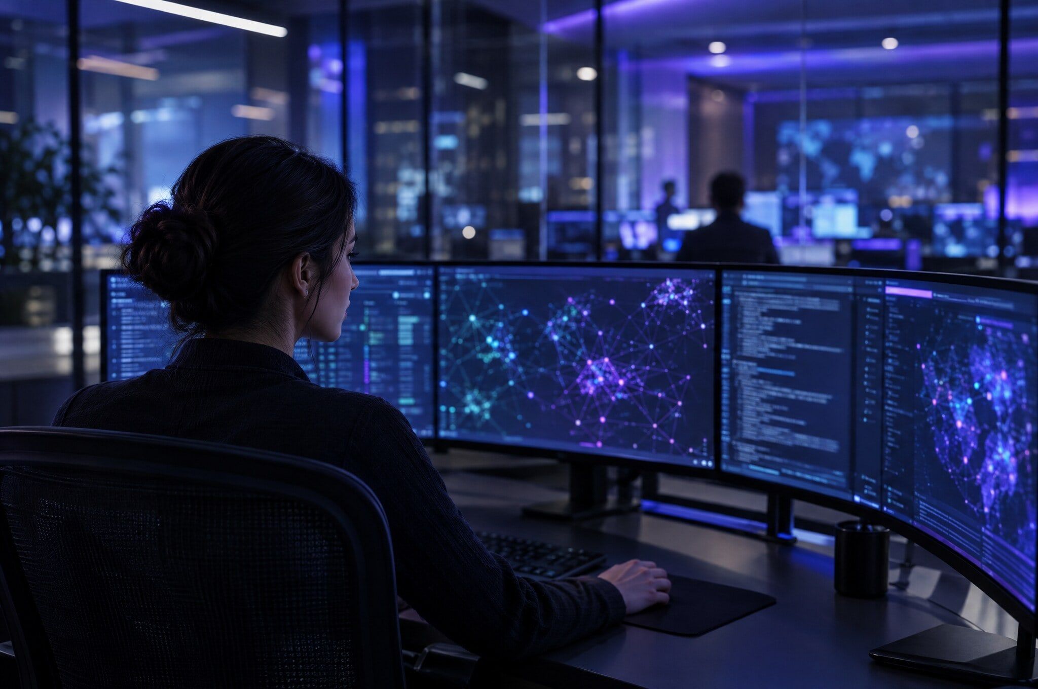 A security analyst in front of curved monitors showing network graphs