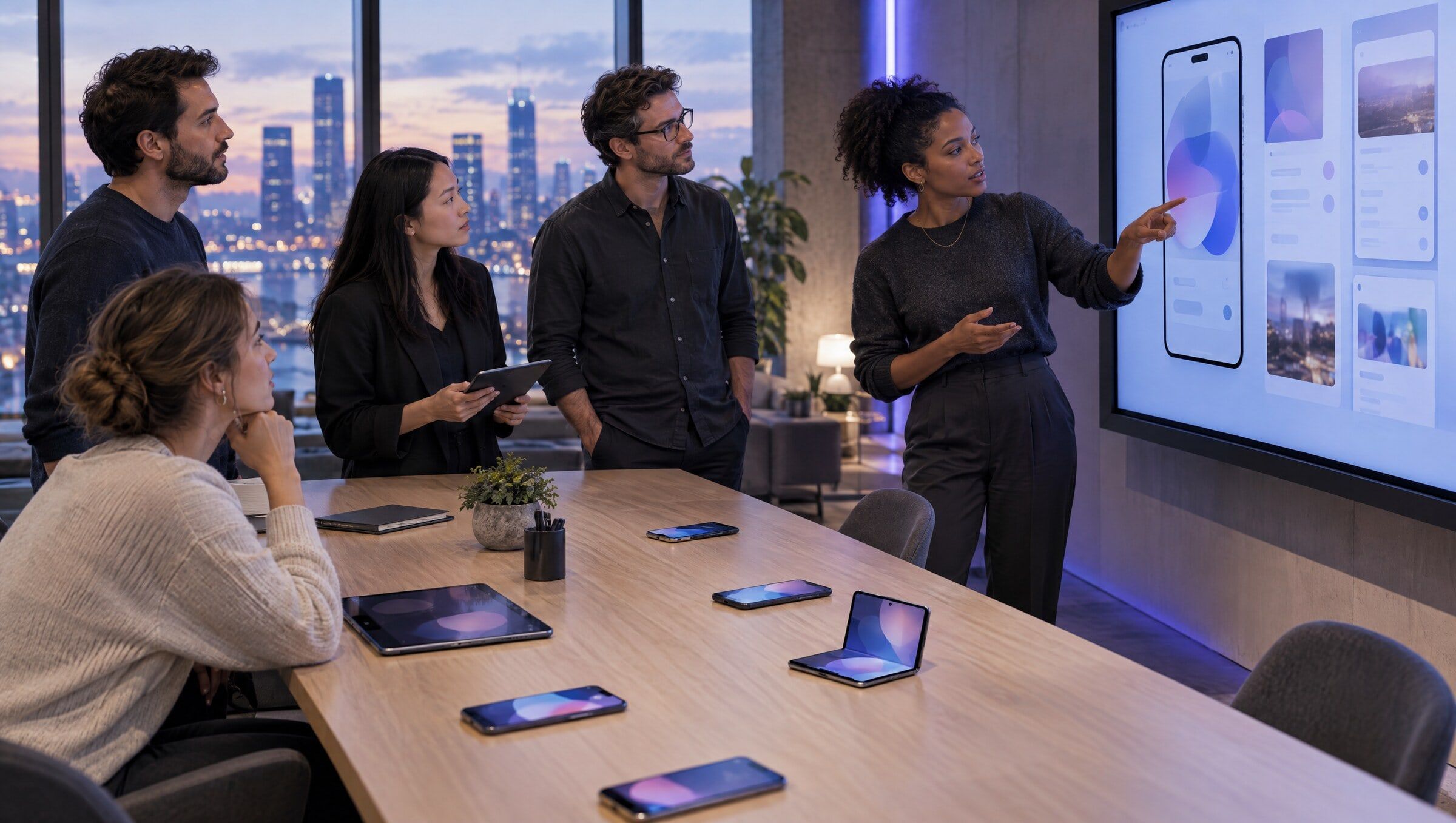Engineers and designers reviewing a mobile app on a large wall display in a studio at dusk